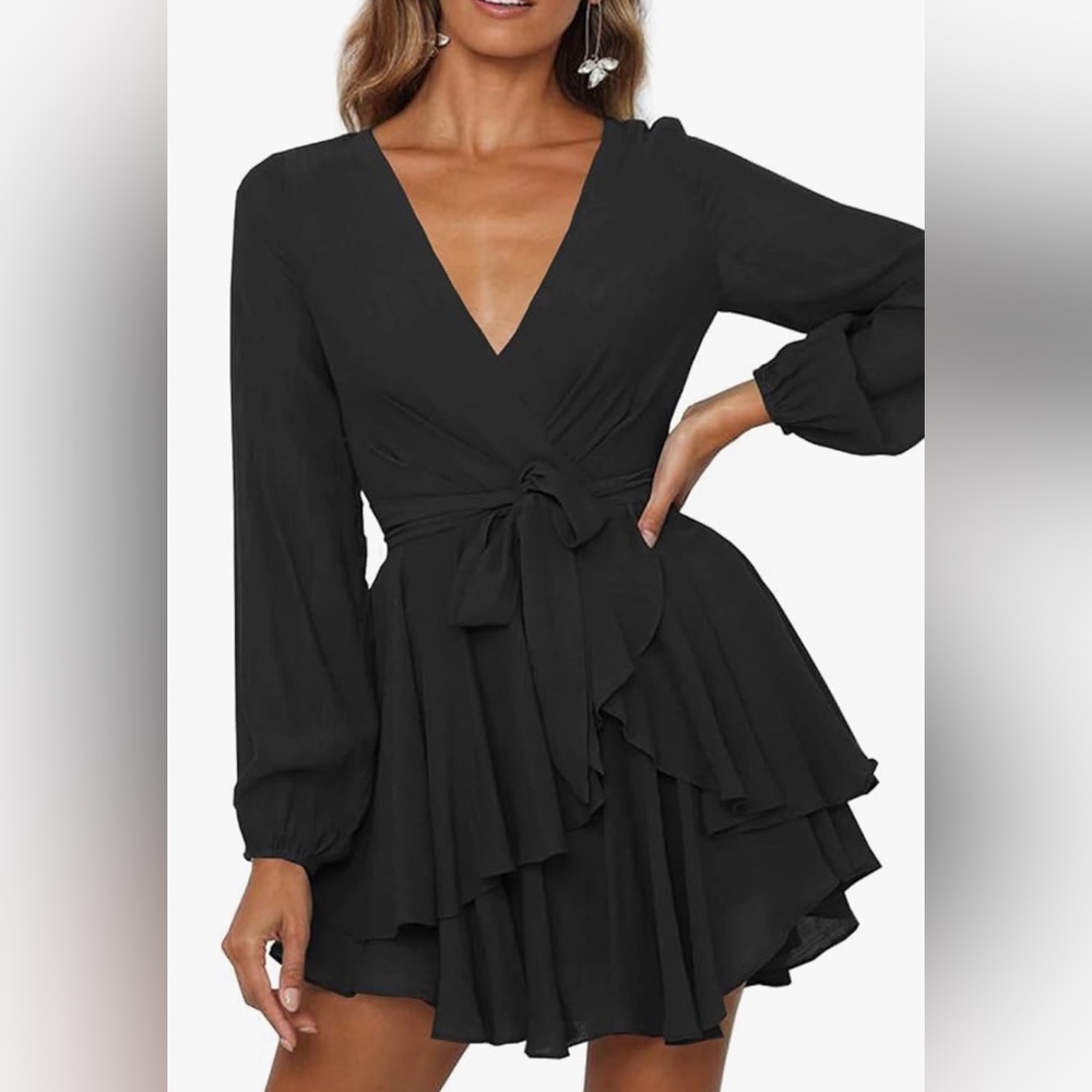 Ferlema Women's V Neck Ruffle Long Sleeve Tie Waist Mini Dress, NWOT, Size S